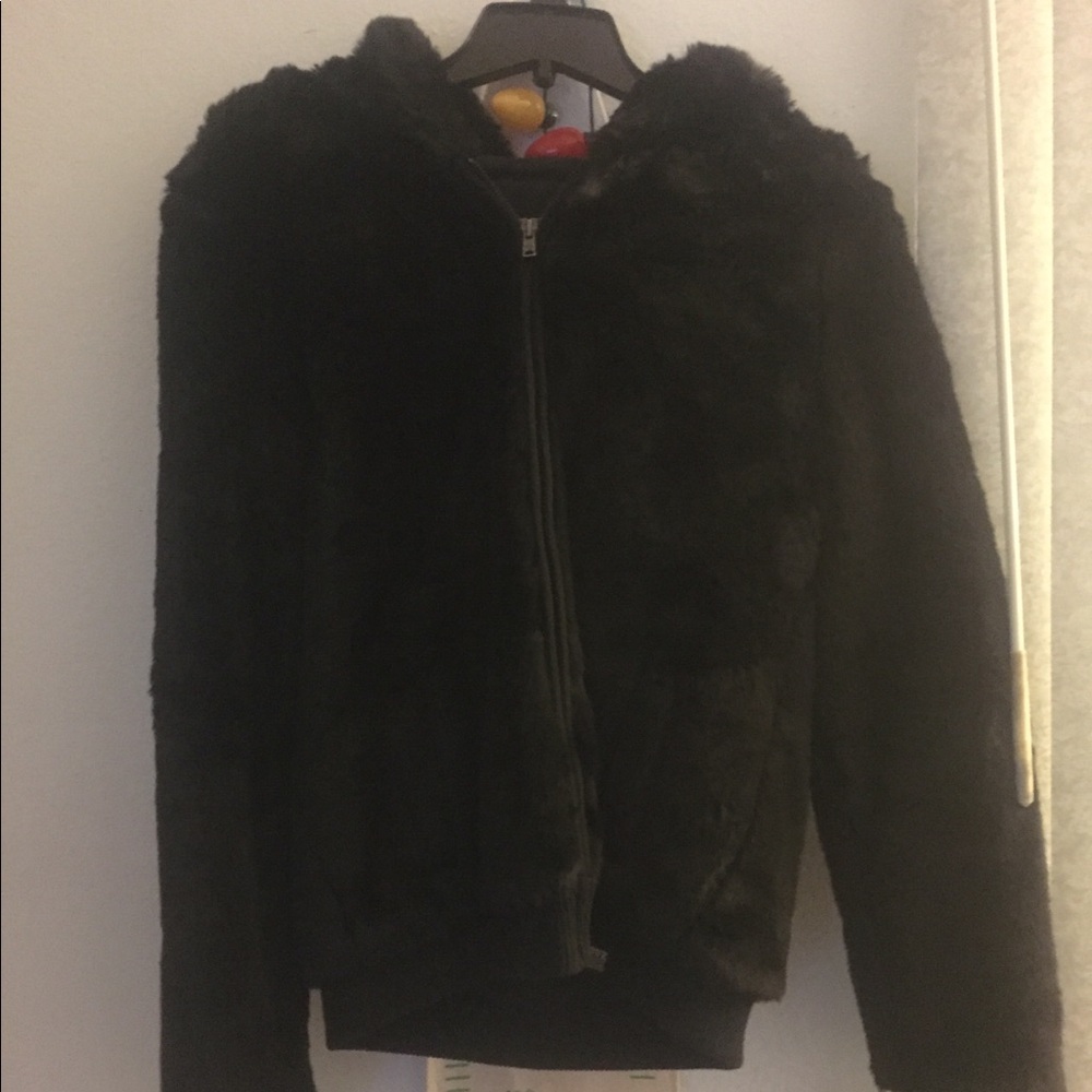 PINK Victoria's Secret Black Faux Fur Hooded Jacket